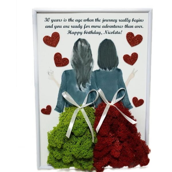 Tablou cu licheni personalizat cu inimioare Prietene Mereu 25×30 cm Cadouri pentru cea mai buna prietena