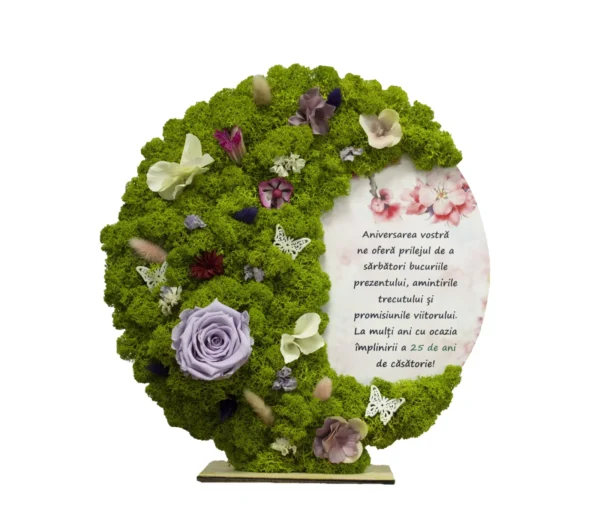 Tablou cu licheni în formă de cerc personalizat cu trandafir criogenat  Aniversare ,30 cm Cadouri aniversare căsătorie