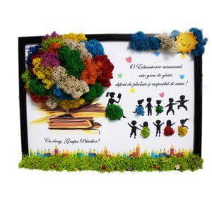 Tablou cu licheni personalizat Doamna Educatoare și copii 25×30 cm Cadouri pentru profesori, învățători, educatori