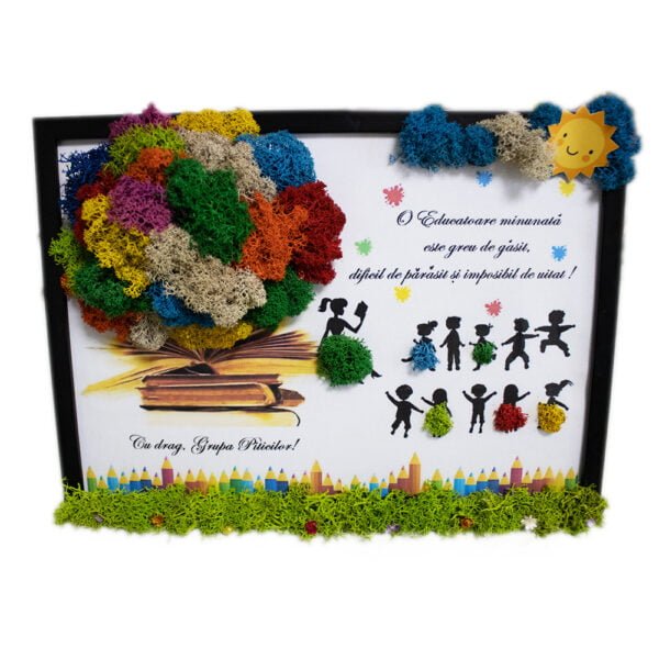 Tablou cu licheni personalizat Doamna Educatoare și copii 25×30 cm Cadouri pentru profesori, învățători, educatori