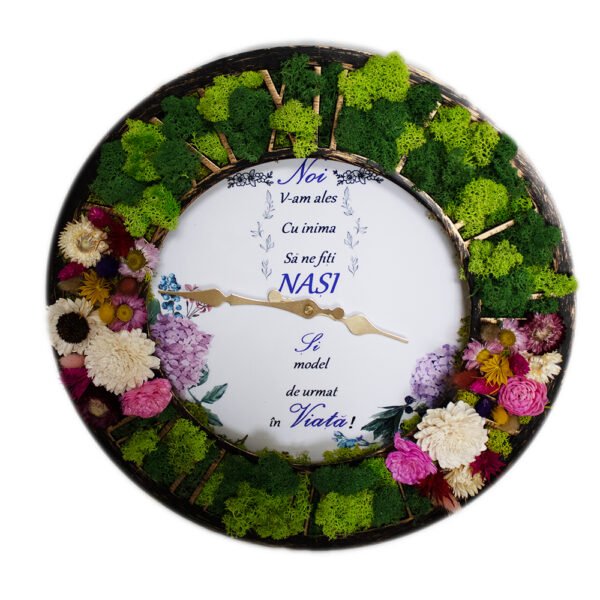 Ceas cu licheni și plante uscate personalizat Pentru Nași 40 cm Personalizeaza