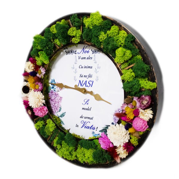 Ceas cu licheni și plante uscate personalizat Pentru Nași 40 cm Personalizeaza