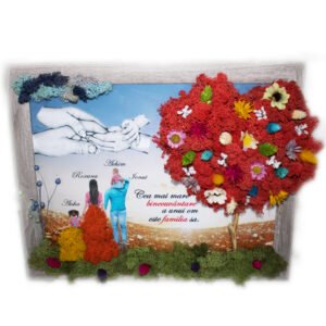 Tablou cu licheni personalizat copac in forma de inima Binecuvântarea este Familia 30×40 cm Cadouri pentru familie