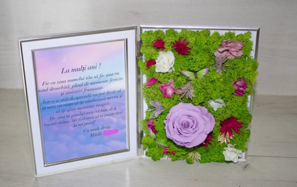 Tablou cu licheni personalizat cu trandafir criogenat mov-lila La multi ani! Cadouri aniversare căsătorie