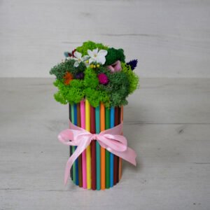 Aranjament cu licheni  verzi și plante in suport din creioane colorate Cadouri pentru cea mai buna prietena